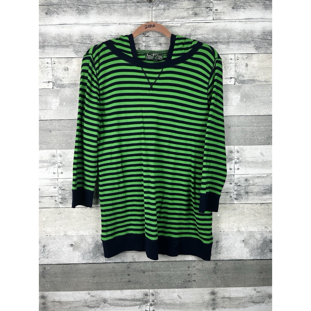 Lauren Ralph Lauren Hooded Shirt Women 1X Green Navy Stripe Waffle Knit Pullover
